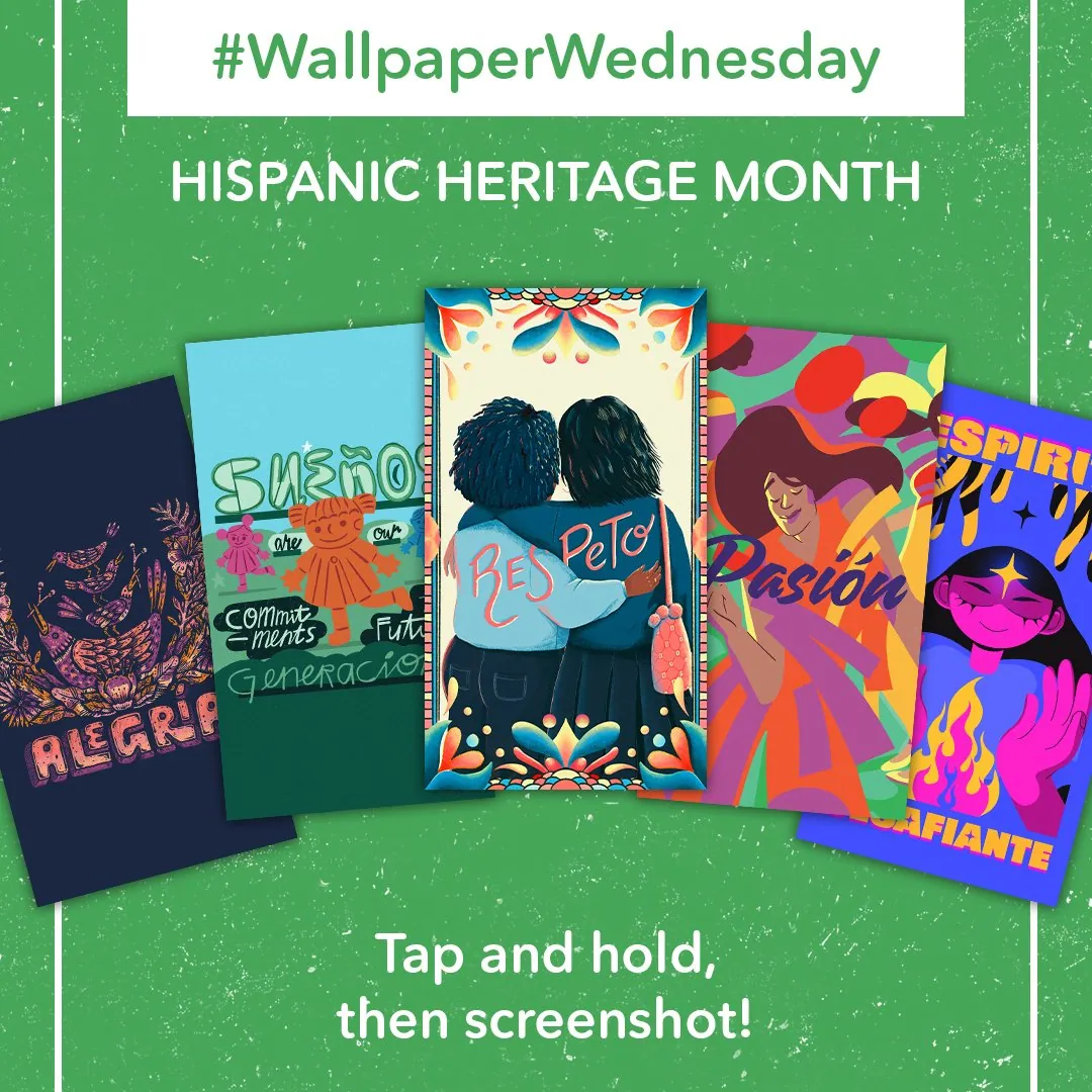 #WallpaperWednesday post showing five phone wallpapers made from the artists' work, with the line “Tap and hold, then screenshot!”