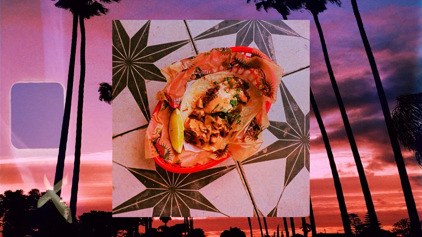 Collage: tacos over tile against a pink sunset with palm trees.