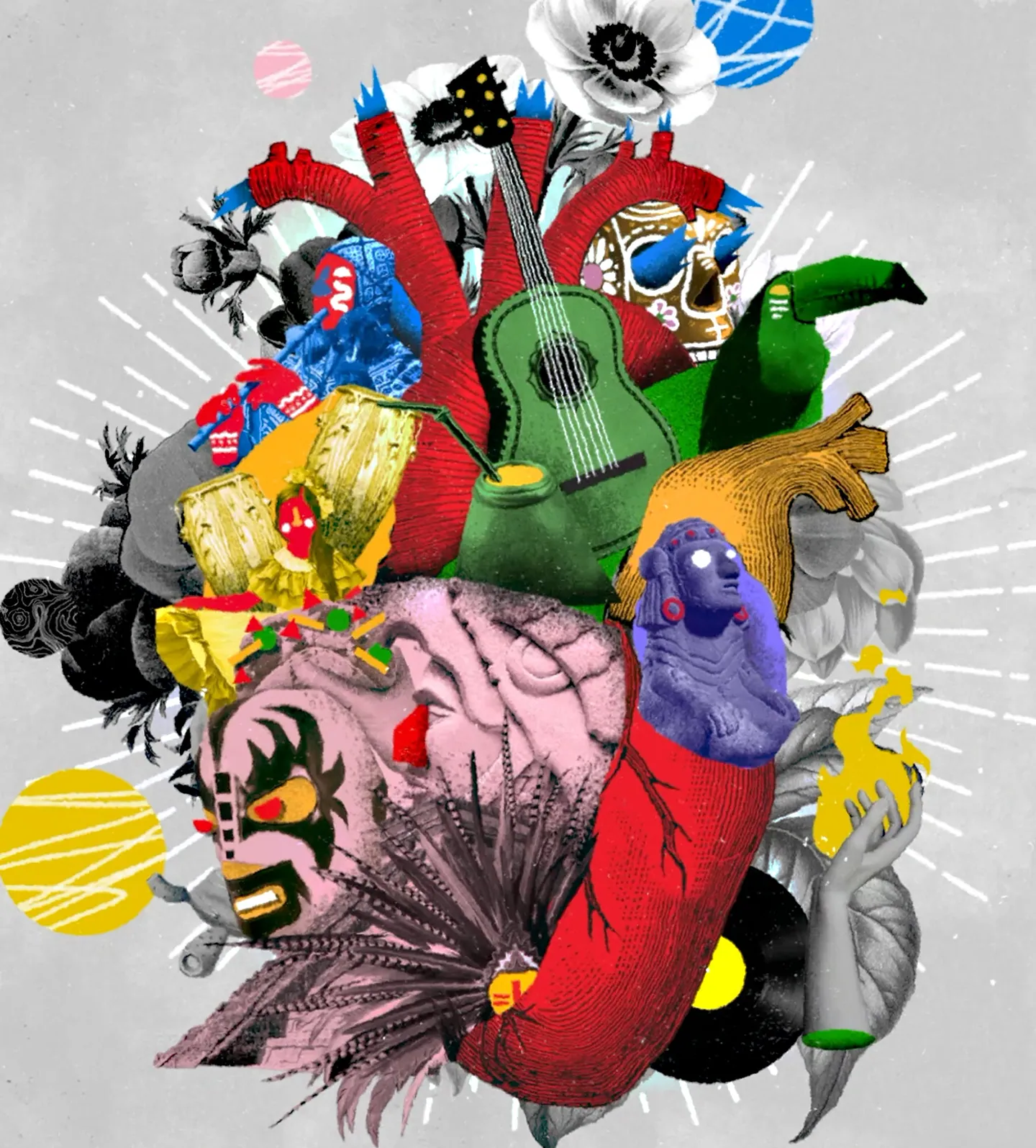 Illustration by @rafalejandro_g: a collage heart of Latino culture — guitars, flowers, masks, records.