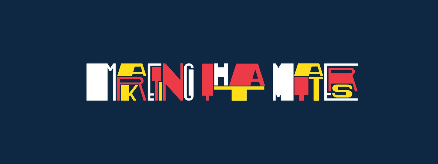 “Marketing That Matters” lettering in blocky multicolor type on navy.