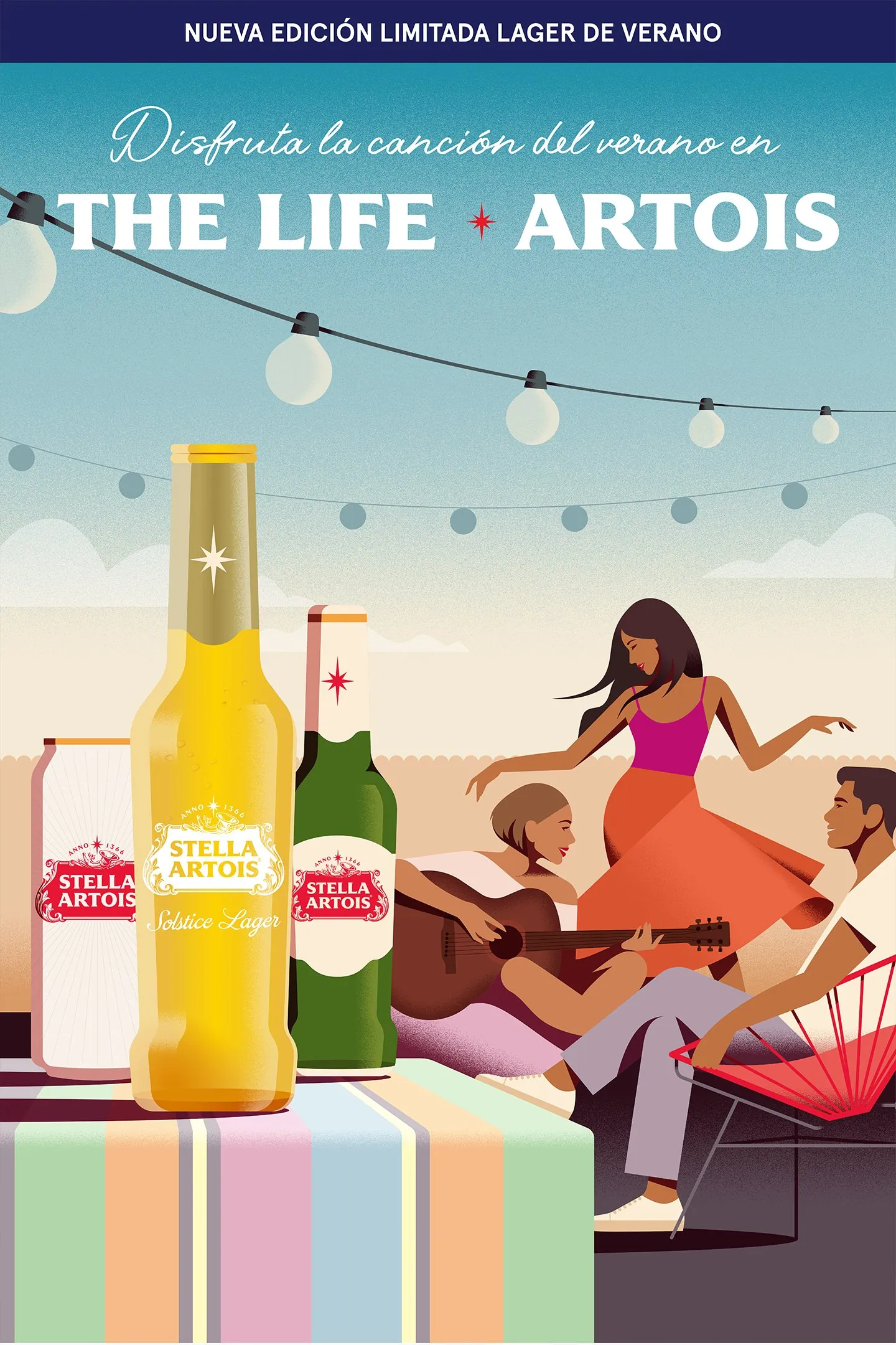 Summer poster: friends on a rooftop with a limited-edition lager.