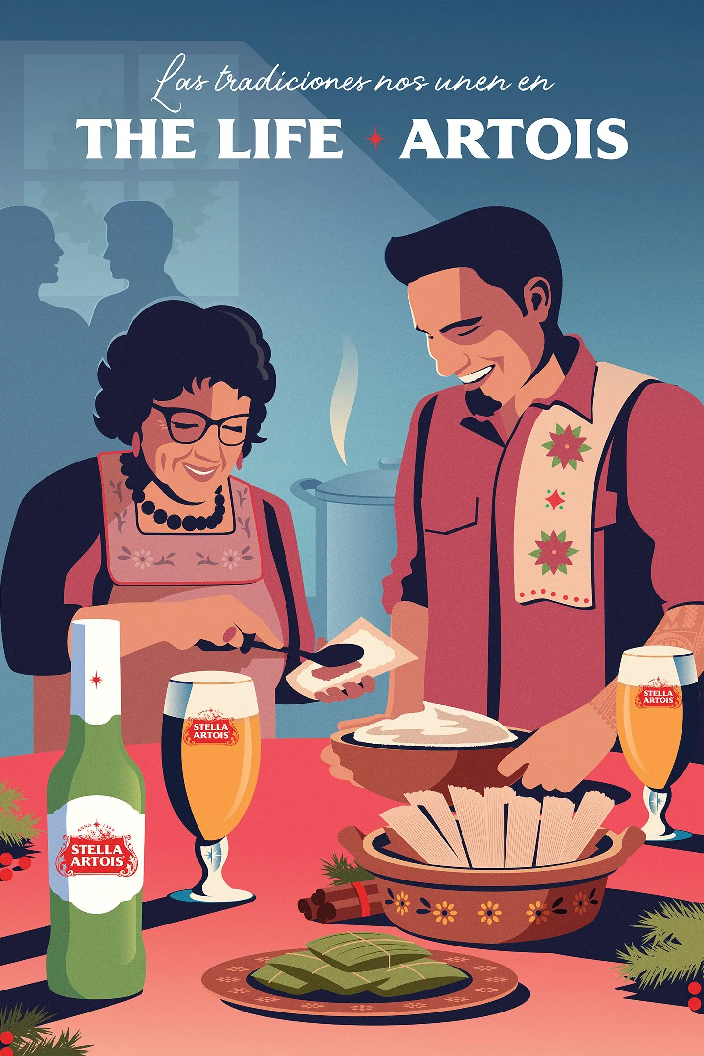 Tamalada poster: a family making tamales. “Las tradiciones nos unen.”