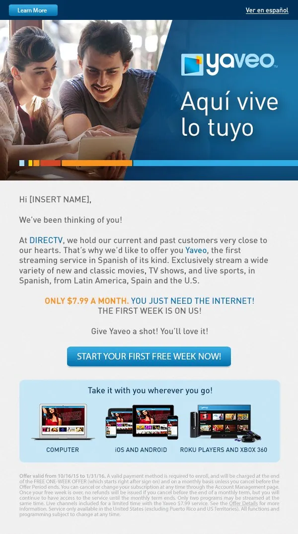English launch email for current and past DIRECTV customers.
